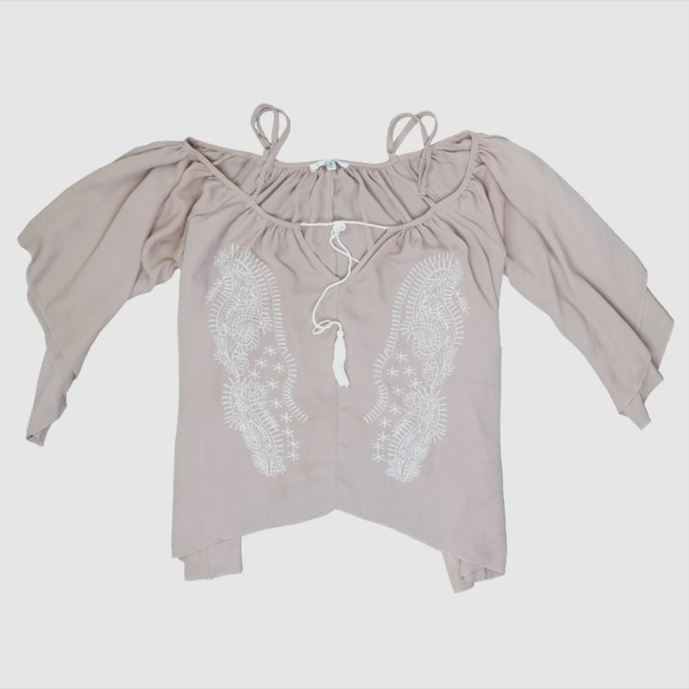 Papaya - Butterfly Embroidered Boho Long Sleeve - Taupe - S